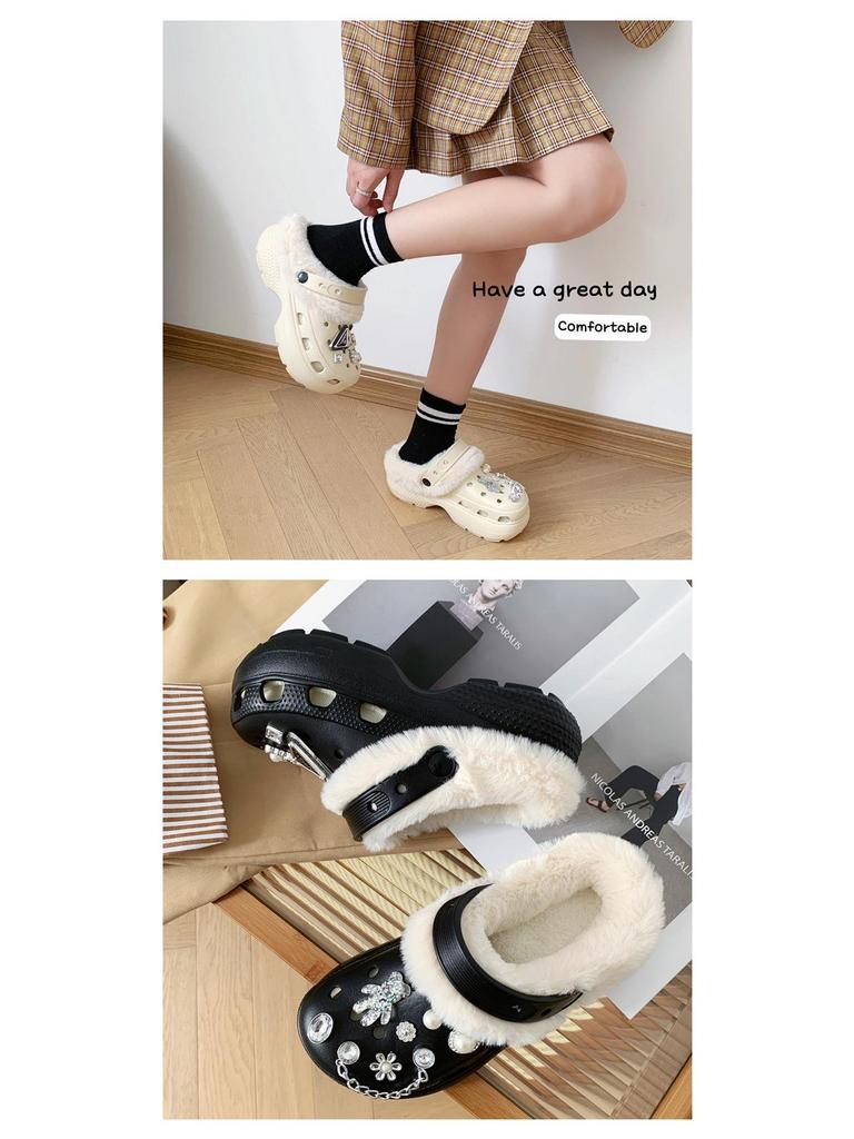 Damen Fleecegefütterte Abnehmbare Baumwollpantoffeln - Herbst/Winter Pelzschuhe mit Lochdesign