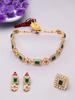 Green & Pink Stones Ethnic Collar Bone Necklace Earring & Ring Set For Women