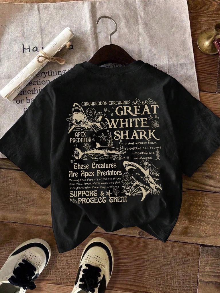 Retro Shark Print T-shirt: Loose Casual Short Sleeve Top for Men and Women