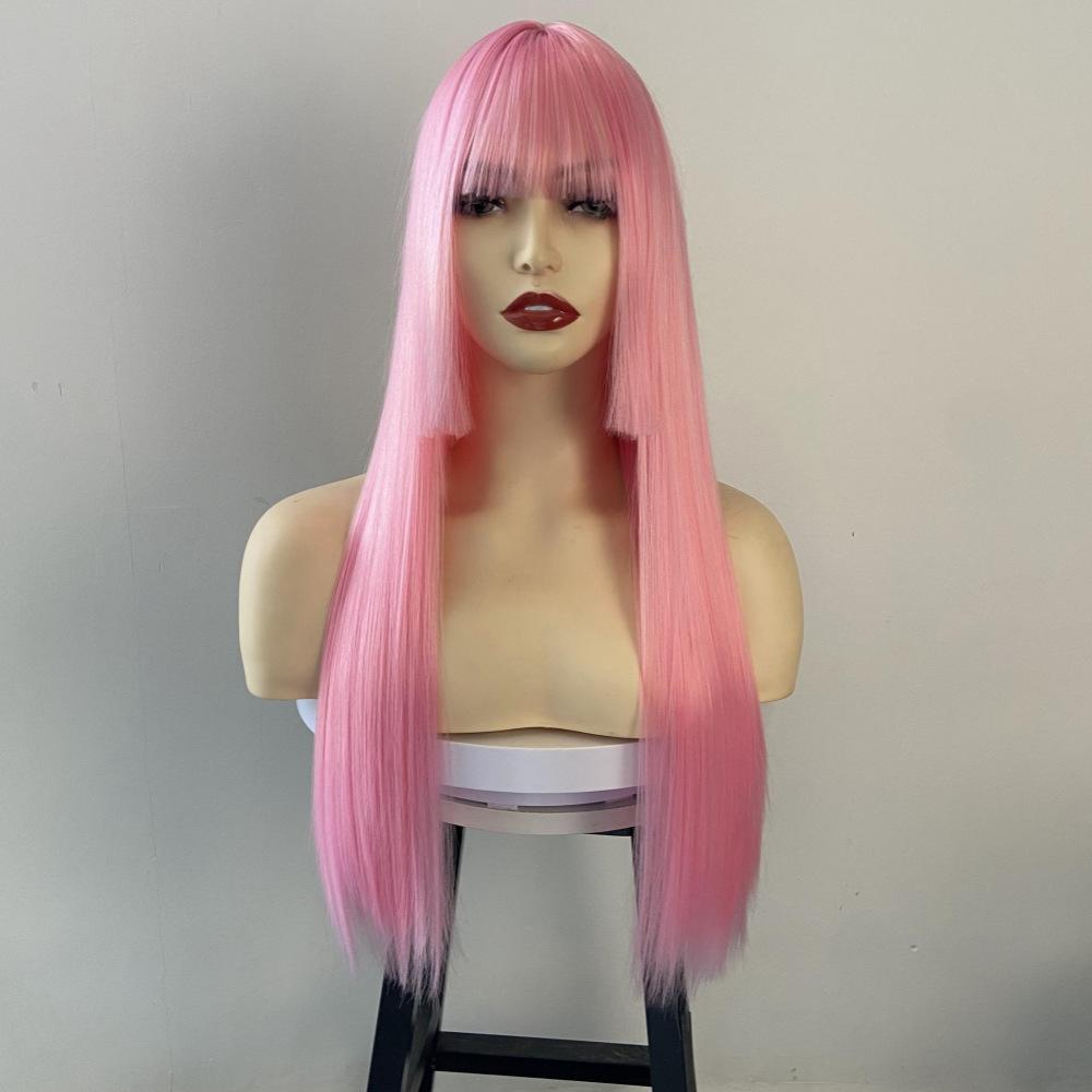 Qi Bangs Long Straight Wig Synthetic Full Head Cover Purple Hime Style Colored Hairstyle Set