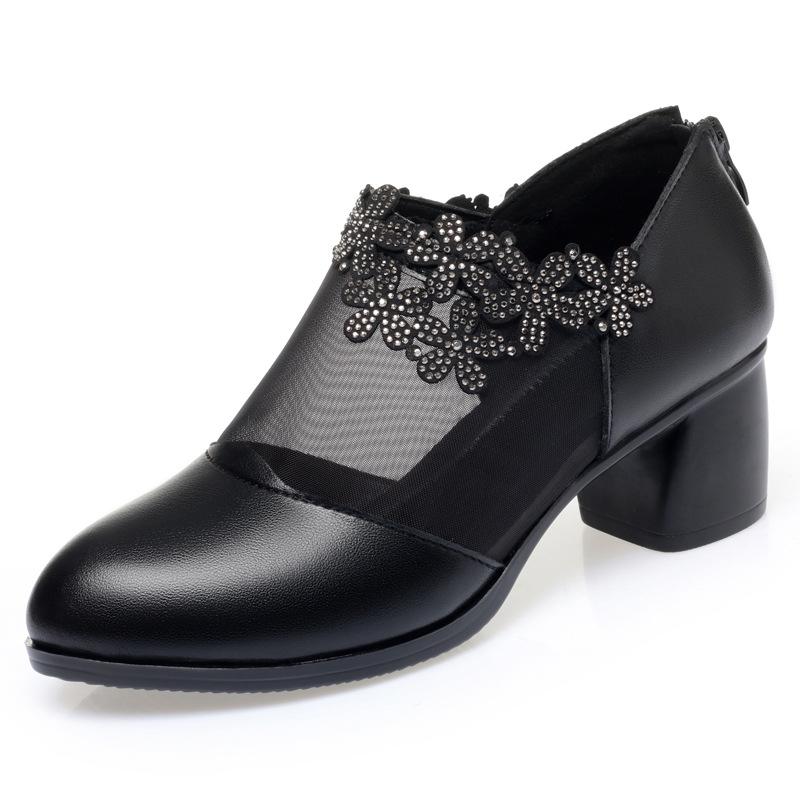 5cm Plus Size 35-42 Breathable Comfortable Mesh Rhienstone Shoes Women Pumps Summer 2025 Med Block Heels Gneuine Leather Shoes