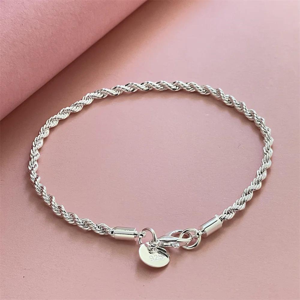 925 Silver Bracelet 3MM Twisted Rope Exquisite Ladies Fashion Wedding Party Gift Jewelry