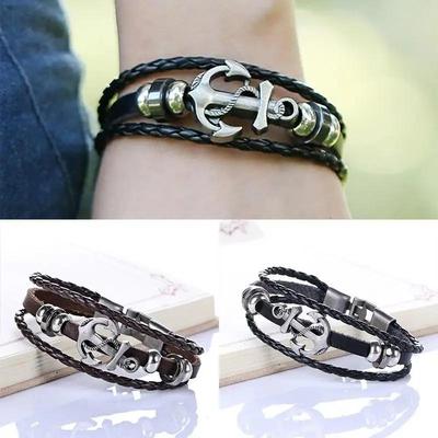 Decoração de Moda Masculina Pulseira de Couro Preto com Âncora Fecho de Aço Inoxidável Presente Acessórios Presentes de Aniversário Criativos