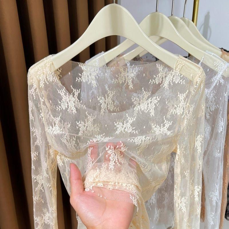 Women's Round Neck Lace Ultra-Thin Camisole Fashion Inner Wear Sheer Chiffon High-End Transparent Mesh Top Low-Cut Blouse