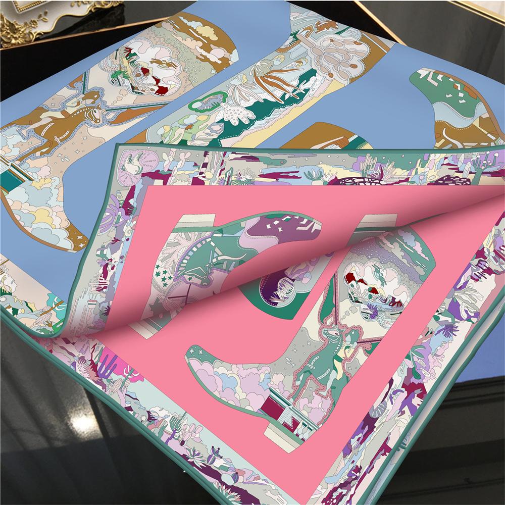 POBING Curled Twill Silk Scarf Women Leather Boots Double Side Printed Square Scarves Wraps Echarpes Foulards Femme Hijab 90CM