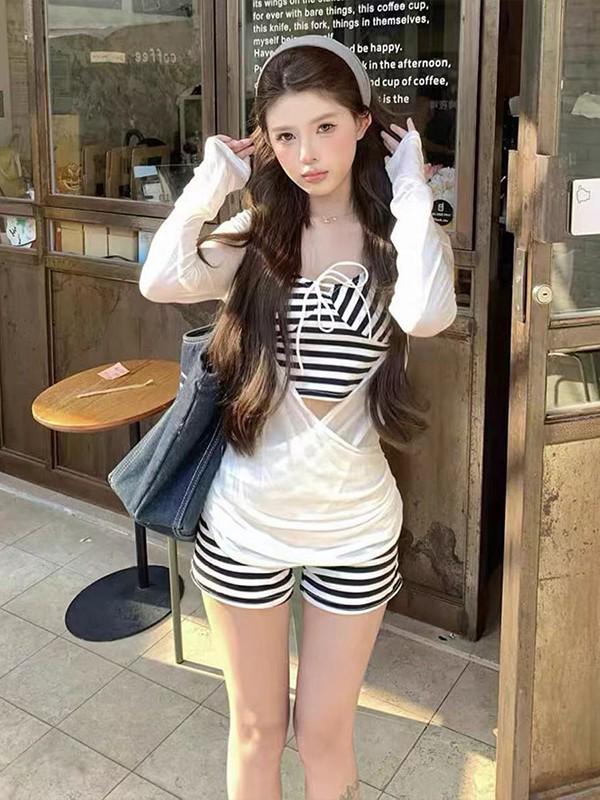 2026 Trendy Women's Long Sleeve Striped Swimsuit Cover-up with Sun Protection and Bikini Set