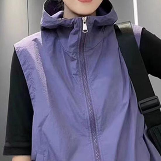 Women Ves Hooded Cardigan Sleeveless Drawstring Loose Sun Hem Solid Color Zipper Closure Protection Casual Sports