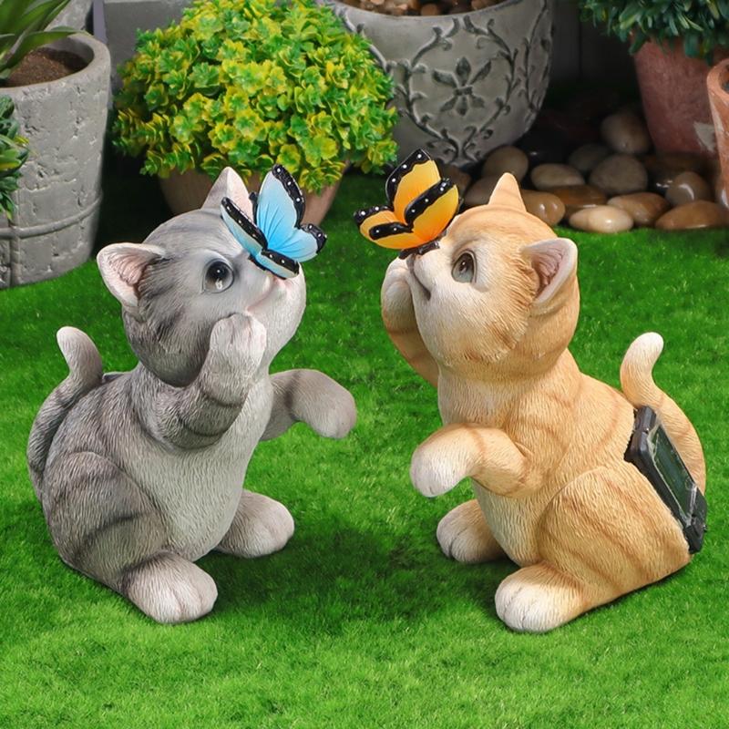 Garden Ornament Cats Solar Light Statue for Backyard Cafe Indoor Outdoor Statue Sculpture LED Cats Figurine Yard Lamp