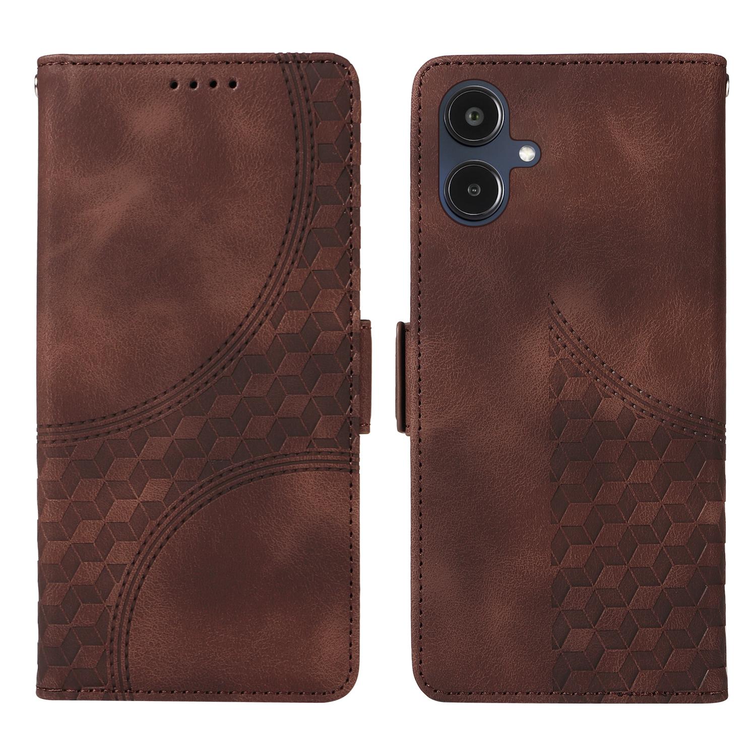 

For Samsung Galaxy A25e Leather Cases Wallet Rhombus Imprinted Phone Cover Stand with Strap Brown