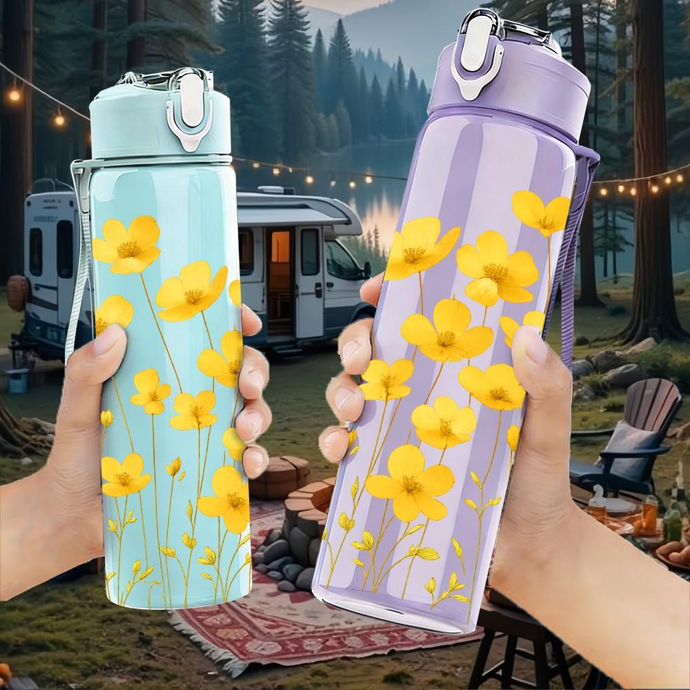 1PC Yellow Wildflower Bouquet Print 750ml Color Plastic Sports Water Bottle Leakproof Flip Straw Lid Suitable for Sports Office Home Use