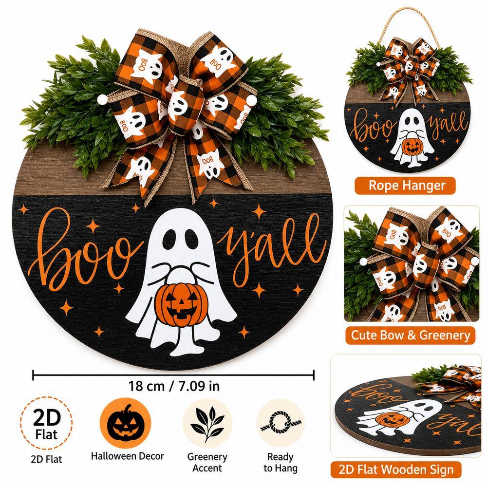 2D Flat Wooden Hanging Door Sign Ghost Round Doorplate Halloween Festival Decoration
