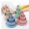 6Pcs Wheat Straw Dinnerware Set for Kids, Reusable Eco-Friendly Tableware Includes Bowl Plate Spoon Fork Chopsticks, Portable Gift Utensils