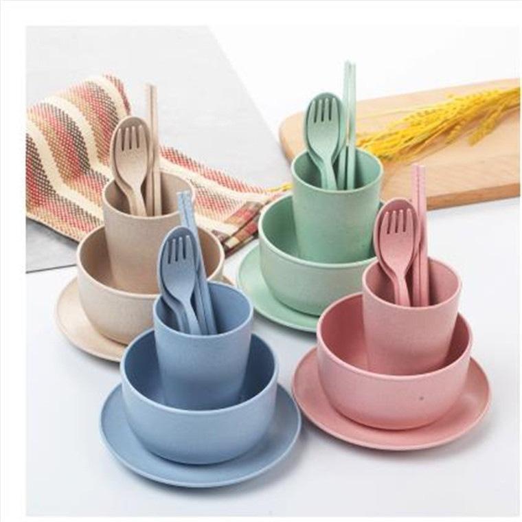 6Pcs Wheat Straw Dinnerware Set for Kids, Reusable Eco-Friendly Tableware Includes Bowl Plate Spoon Fork Chopsticks, Portable Gift Utensils