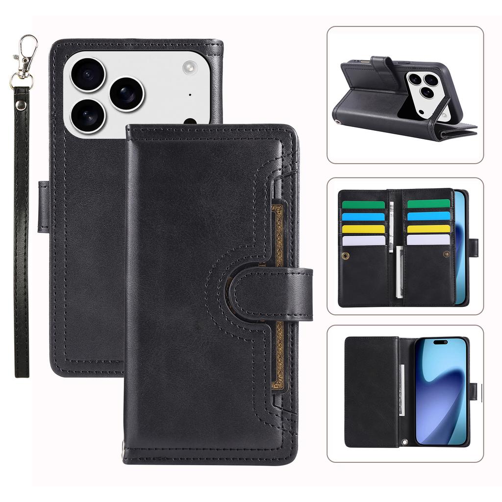 For iPhone 17 Pro Max Case Split Leather Magnetic Wallet Phone Protector with Wrist Strap