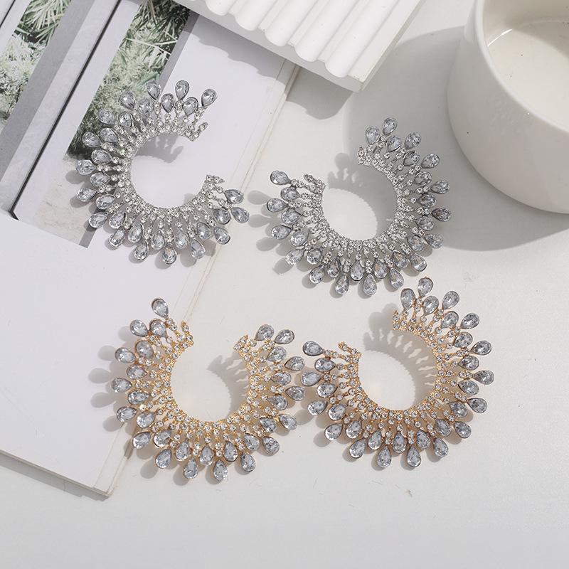 European & American Geometric Rhinestone Sunflower C-Shaped Gemstone Stud Earrings