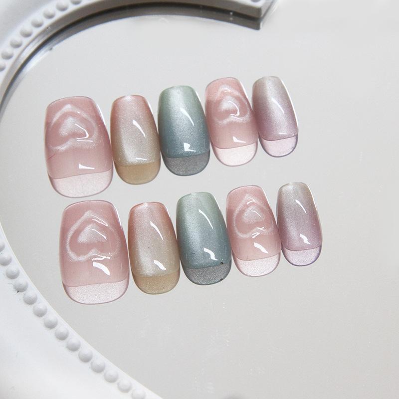 Handmade prefabricated nail wearing nail cute cat eye removable nail piece three-dimensional love short T nail patch sub-code