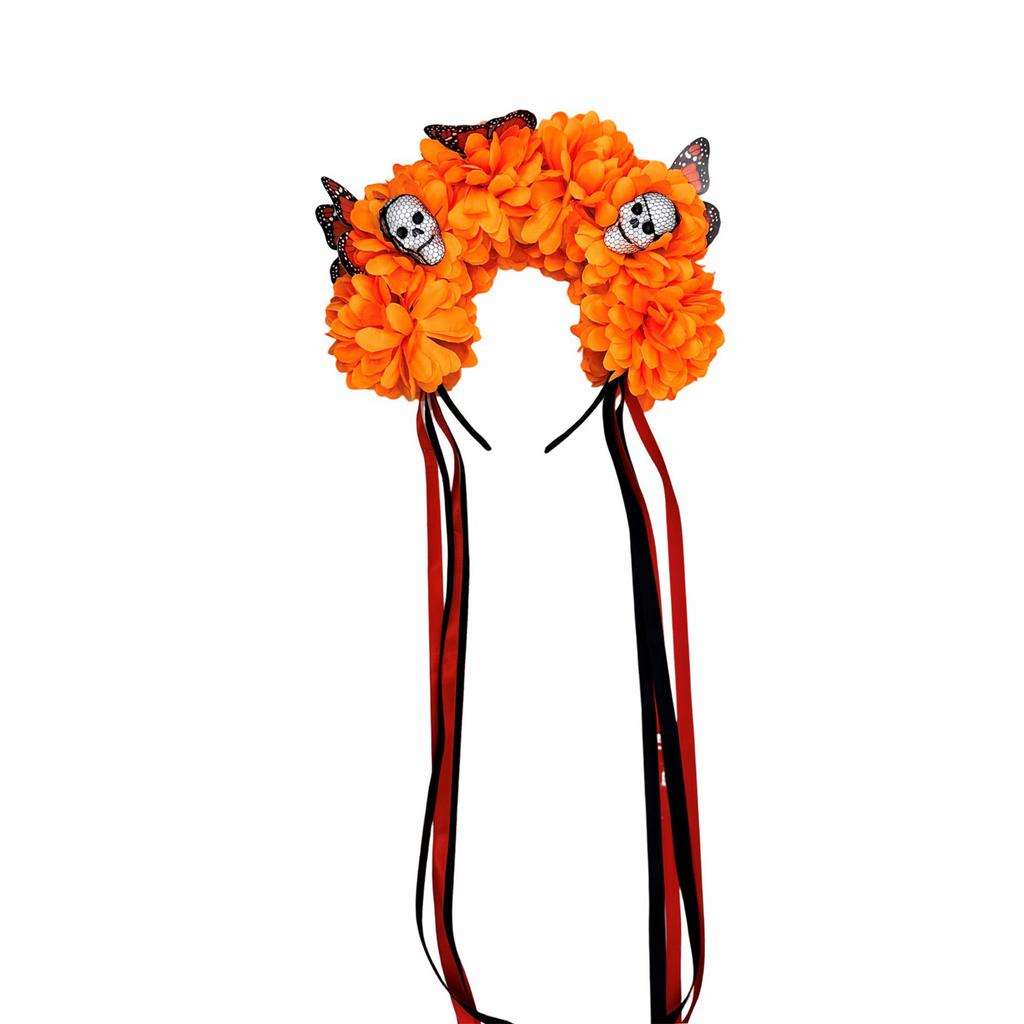 Reusable Practical Plastic Skull Headband And Simulated Floral Decors Costume Headband For Halloween Theme Parties
