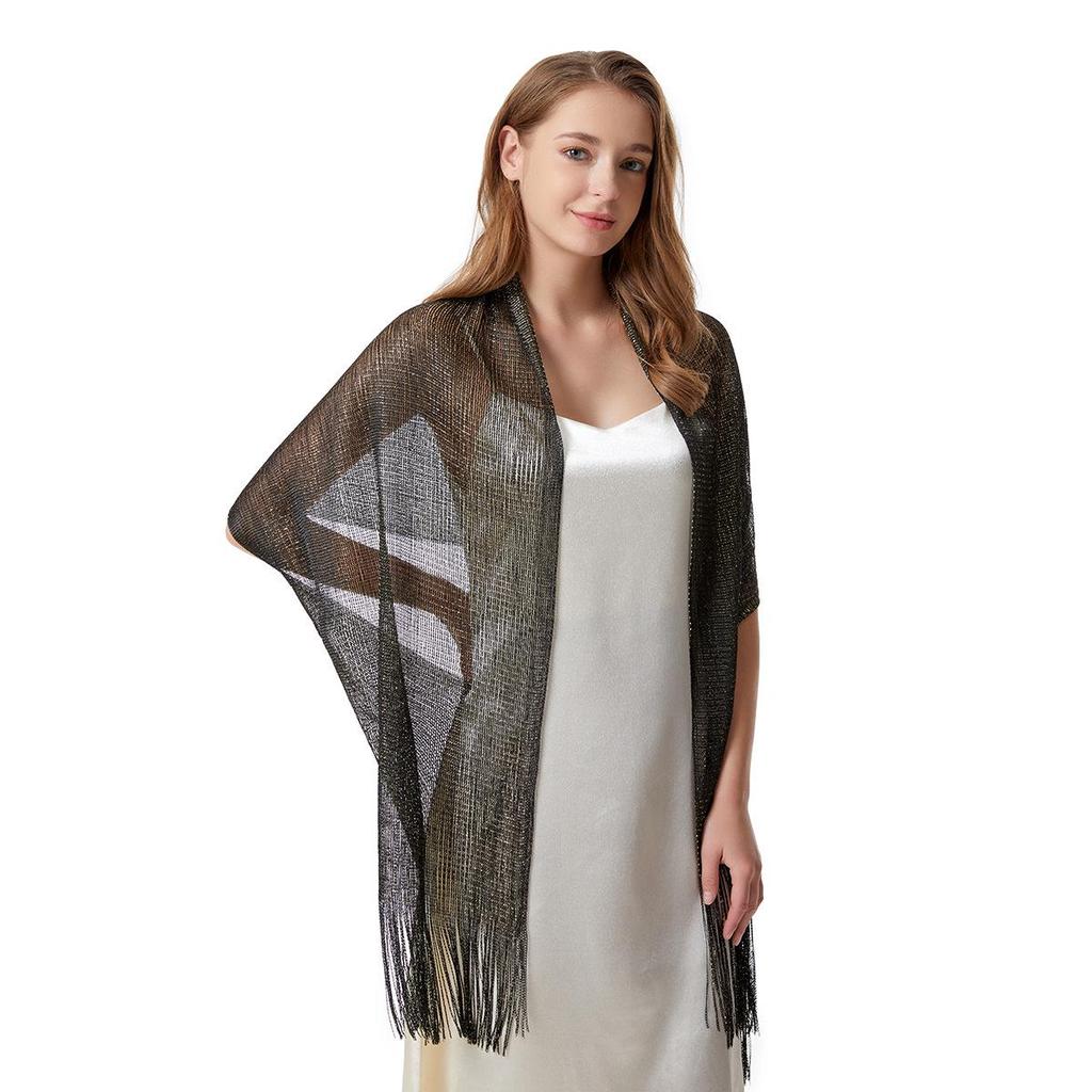 Damen Abend-Schal mit Gold- und Silberfäden und Quasten, Umhang-Design, Leicht mit Trägern, Ausgeschnittenes Bolero-Style.