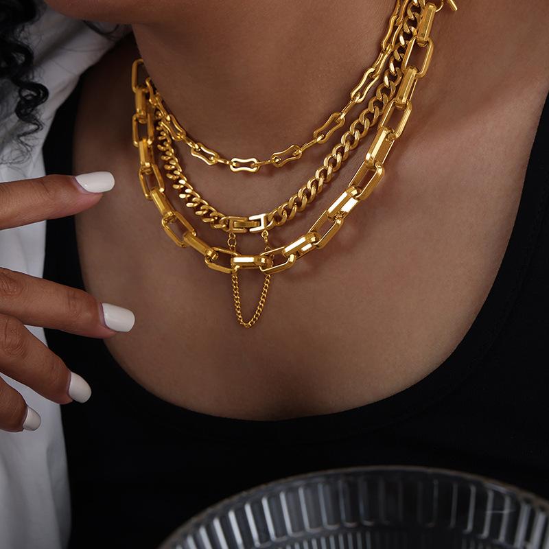 316L Stainless Steel Gold Color Geometric Chain Necklace Bracelets For Women Girl New  Non-fading Jewelry Set