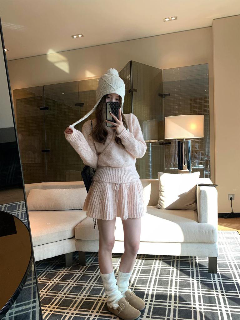 Rose Sweet Tone Miu-Style Soft Fluffy Knit Skirt and Sweater Set for Women