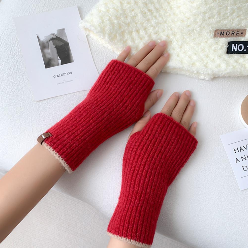 Cute Knitted Warm Half Finger Knitted Gloves Fingerless Solid Color Winter Fingerless Gloves Cashmere Thumb Hole Short Gloves