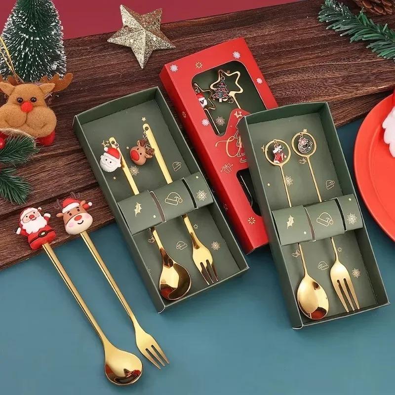 Christmas Spoon SetCute Father Christmas Doll Dessert Cutlery Two Sets for HolidayParty Home Kitchen Children Gift Cutlery Decor
