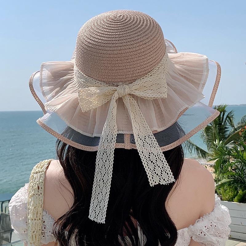 Summer Bow Sun Hat Female, Seaside Beach Vacation Sun Hat Outdoor Big Brim Sun Hat Sweet Straw Hat