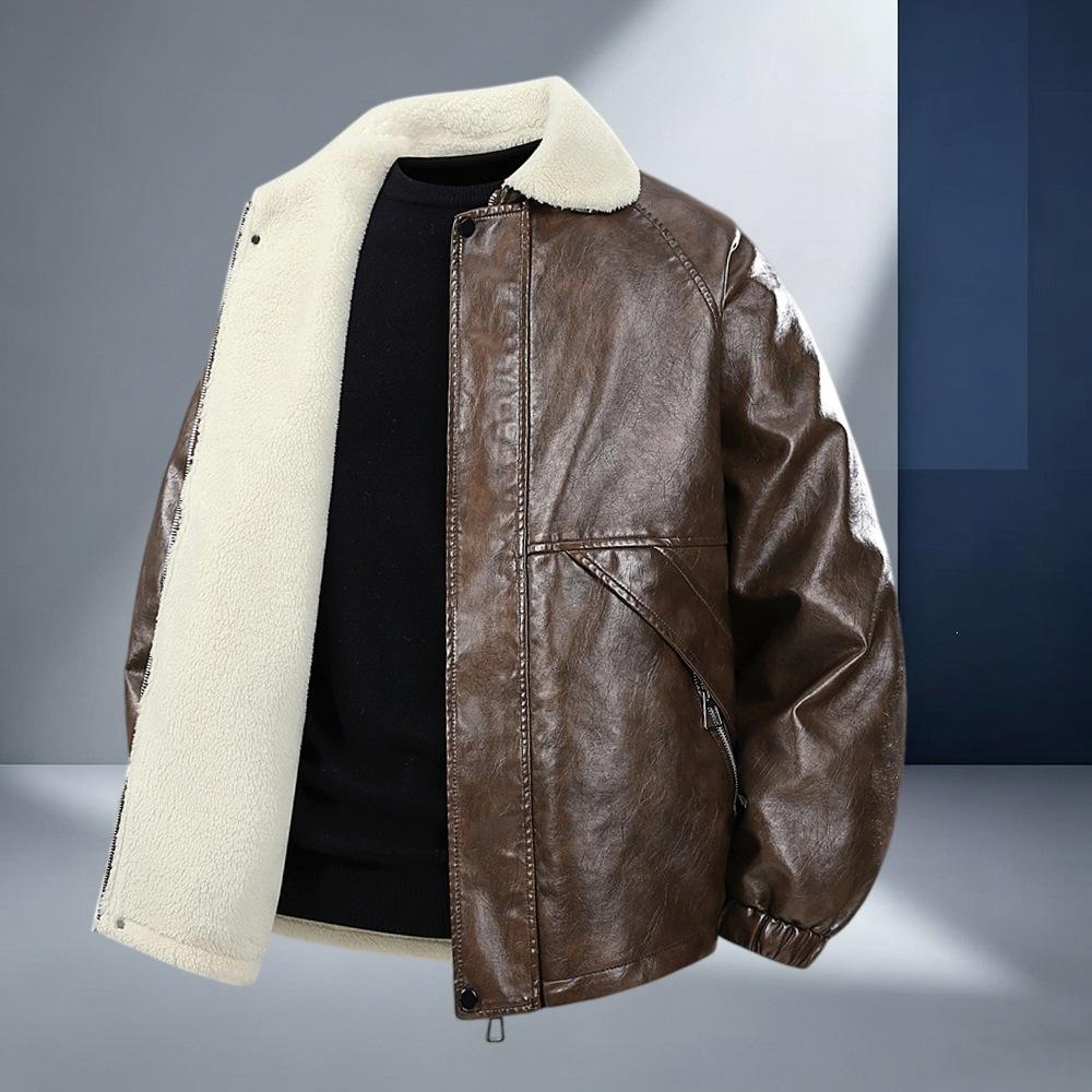 Exclusive for men's velvet PU leather jacket fashionable and casual thickened warm light luxury leather jacket men's lapel shoulder plugs