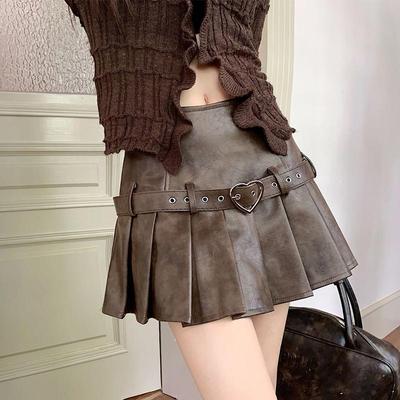 Leather Pleated Mini Skirt for Women Spring Autumn PU A-line Short Skirt Vintage Style Y2k Clothes Korean Fashion Streetwear