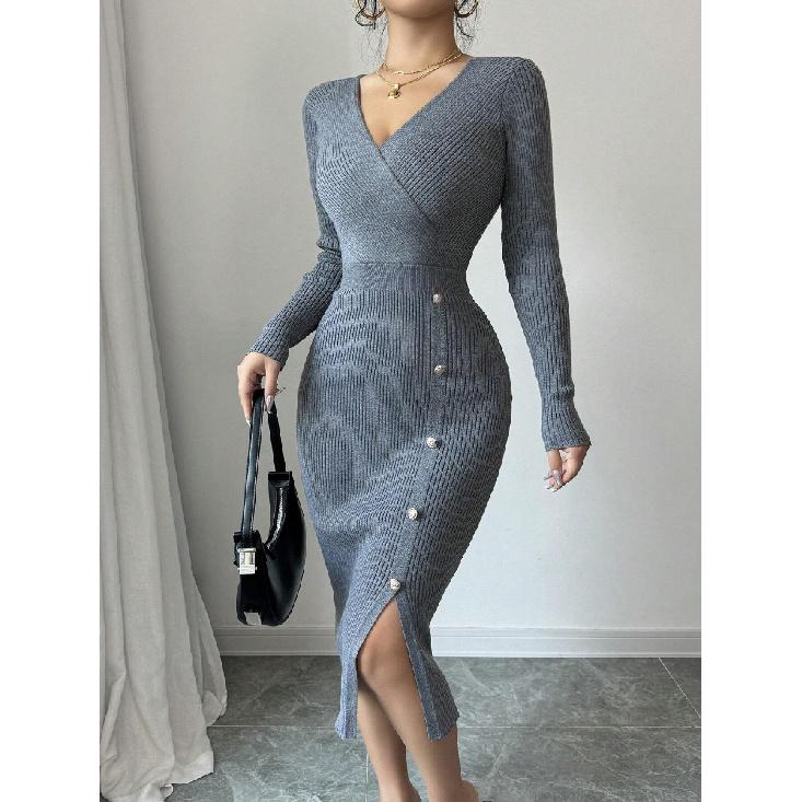 Women'S Knitted Wrap Dr High Waist Bodycon Base Layer Inner Wear Mid-Length V-Ne Long Sve Polyester Autumn Winter