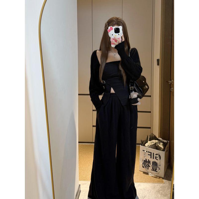 Kumikumi Idle Style Knitting Cardigan Outwear Women's Split Tube Top Vest Autumn Loose Casual Pants Three-Piece Set