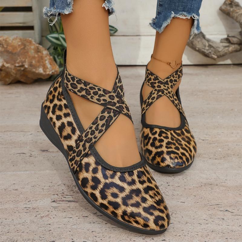 Women's Wedge Single Fashion Round Toe Shallow Mouth Leopard Print Cross Strap Soft Sole Non-Slip Low Top Shoes