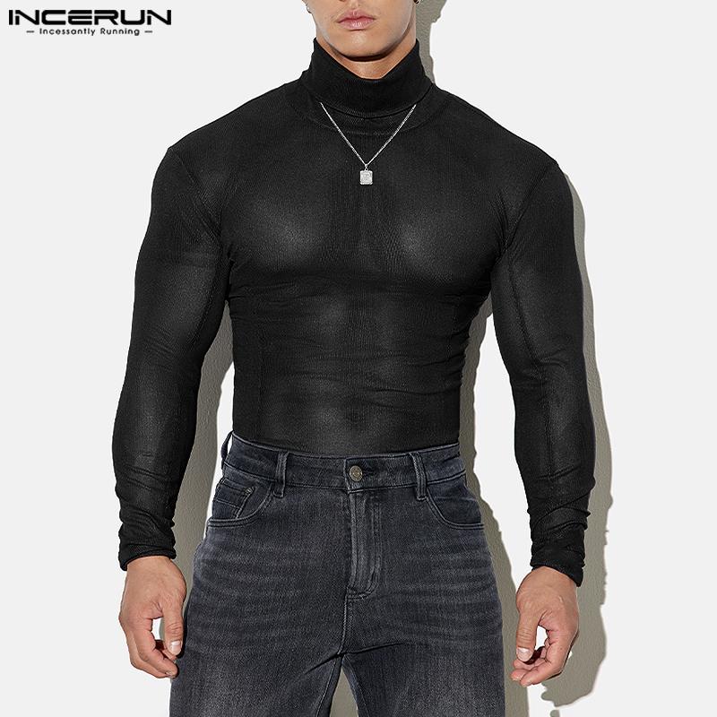 INCERUN Men Turtleneck Long Sleeve Mesh Skinny Tops See Through T-shirts Undershirt