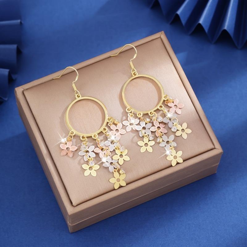 Stylish Elegant Small Flower Long Tassel Pendant Earrings for Women Vintage Temperament Exquisite Wedding Party Zircon Gift