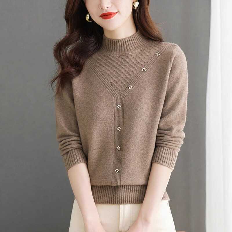 Pulover cu gât semi-înțesat pentru îmbrăcăminte exterioară de damă Toamnă și iarnă Cămașă nouă, îngroșată, tricotată cu fundul liber