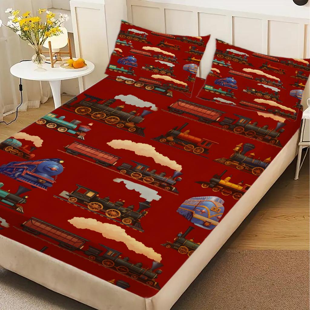 1 Train Pattern Digital Printed Frosted Fitted Sheet,bedroom Printed Bed cover,bedding(No Pillowcase)