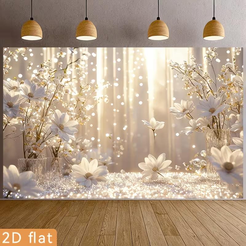 2D Printed Backdrop with White Flowers, Vases, and Sparkling Bokeh Lights