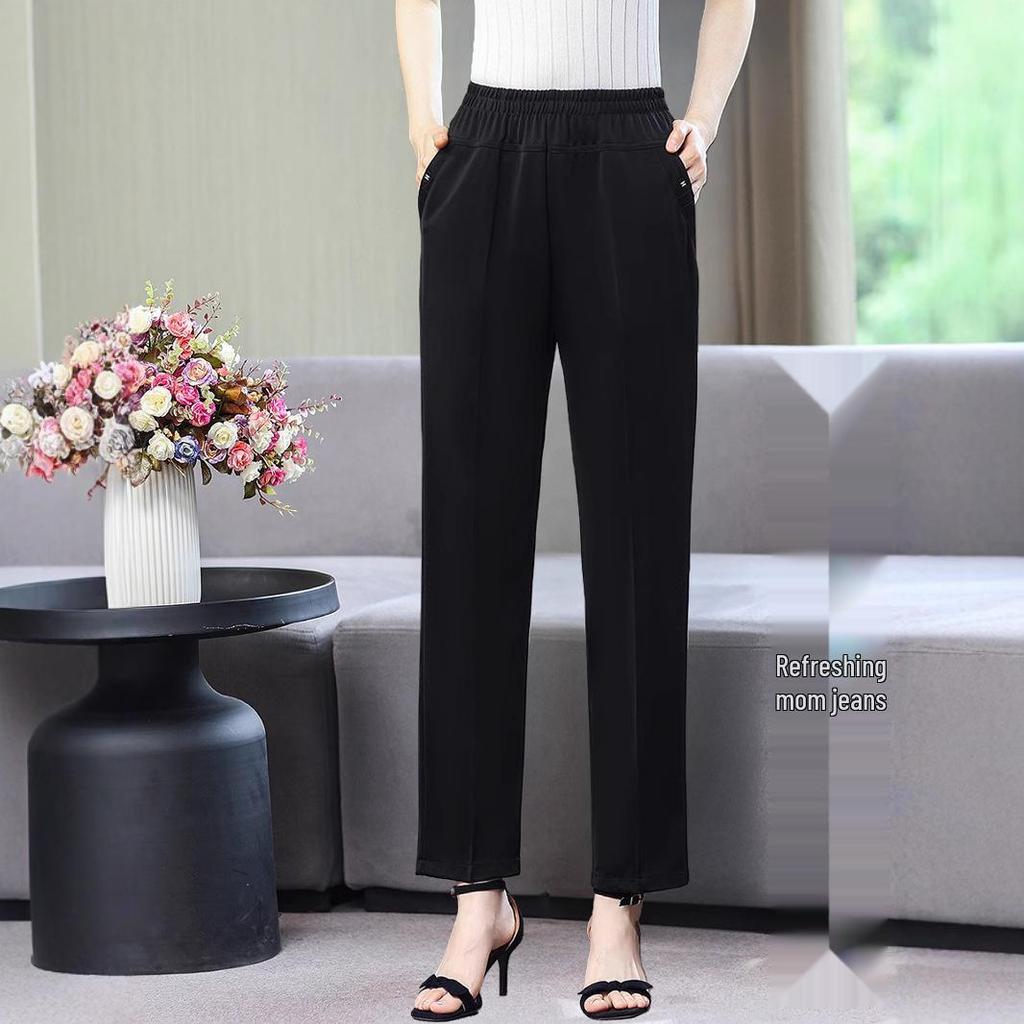 Ice Silk Elastic Waist Casual Pants for Middle-Aged & Elderly Women - Plus Size, Loose Straight-Leg Trousers