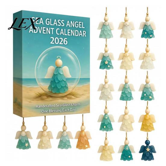 Ocean Theme Home Decor Sea Glass Angel Advent Calendar with 24 Hanging Ornaments for Christmas Tree Decoration, Exquisite Holiday Gift Box Handmade 2D