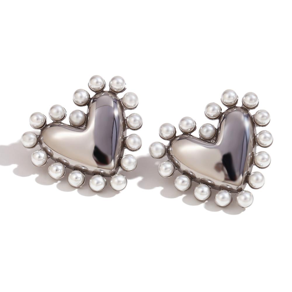 

MamacitaSlay Romantic Heart Surrounded By Inlaid Pearls Stainless Steel Earrings Woman Gold Plated Jewelry Choice Day Offers серебряный
