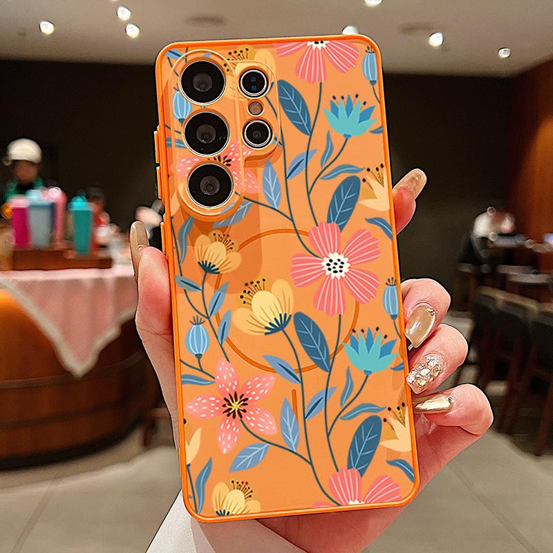 Cartoon Flowers Pattern Case For Samsung Galaxy S26 Ultra S25 Edge S24 Plus S23 FE S22 A54 A55 A56 5G Magnetic For Magsafe Matte Cover