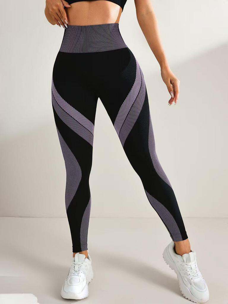 Seamless High-Waist Colorblock Yoga Pants: Women's Breathable, Butt-Lifting, Black Striped Sportswear