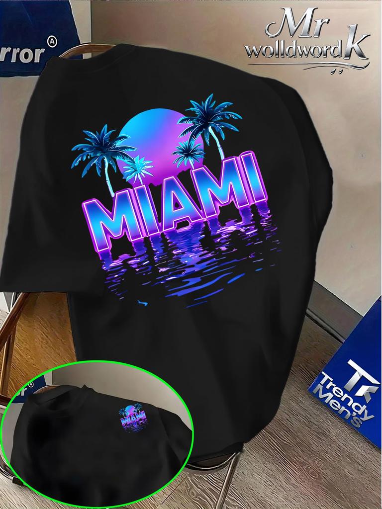 Unisex Oneck Kurzarm T-Shirt Miami Tropischer Palmenbaum Sonnenuntergang Neon Buchstaben Grafik-T-Shirts Strandurlaub Lässig Locker Tägliche Oberteile