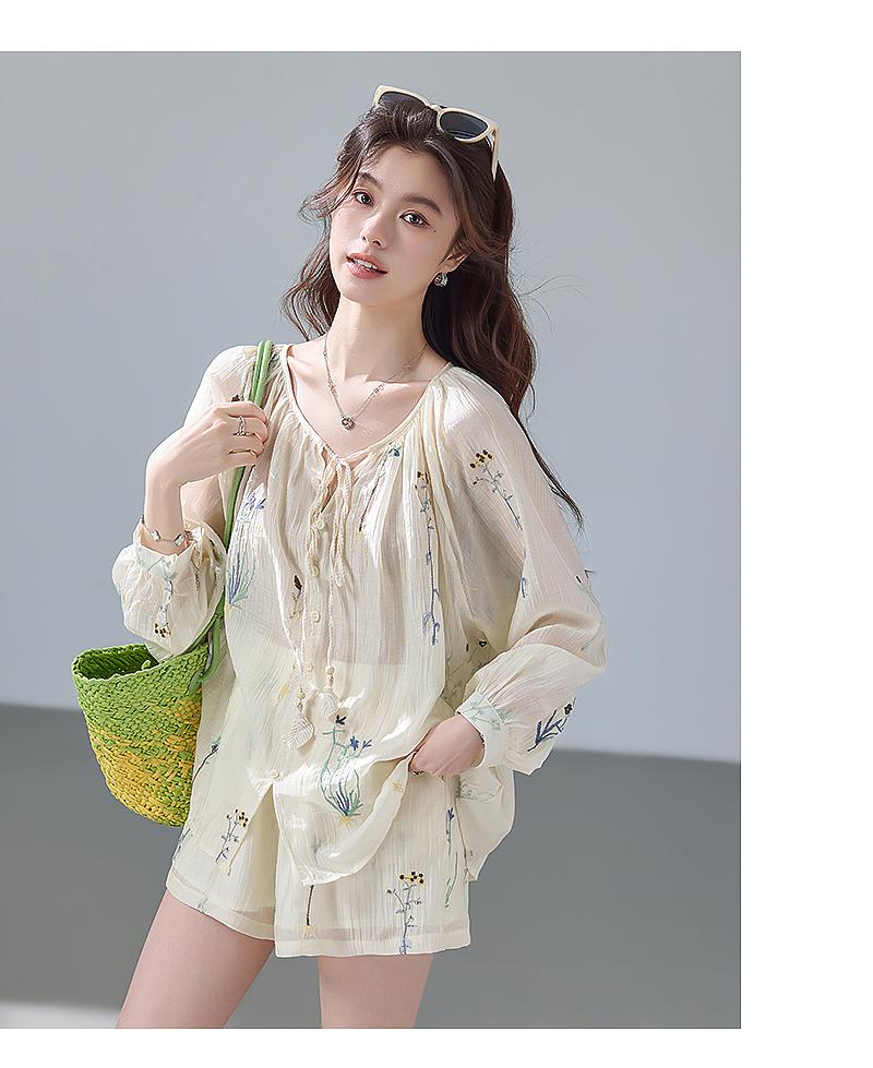 French Vacation Style Lyocell Sun Protection Embroidered Long-Sleeved Shirt and Elastic Waist Lined Shorts Two-Piece Set for Summer