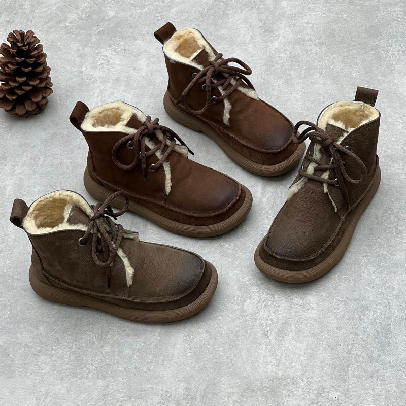 Johnature Cizme scurte din piele naturală de epocă Cizme de bumbac de damă din piele de vacă îngroșată, cu șireturi, cu vârf rotund