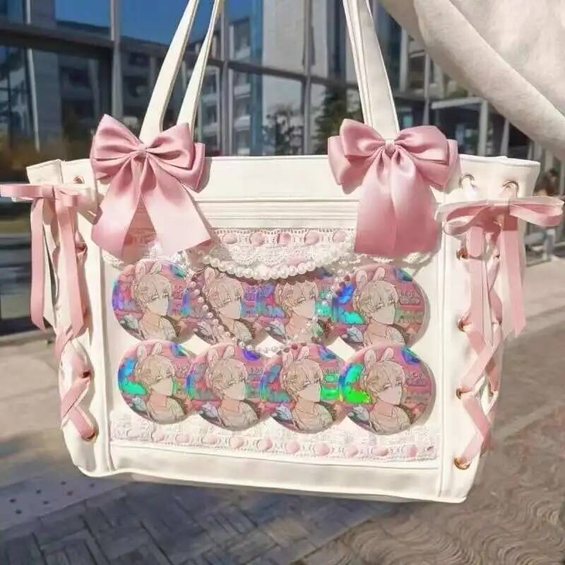 Japanese Sweet Women Ribbon Ita Bag Fashion Large Capacity Tote Bag Aesthetic Shoulder Bag Cute Lolita Girl Transparent Handbags