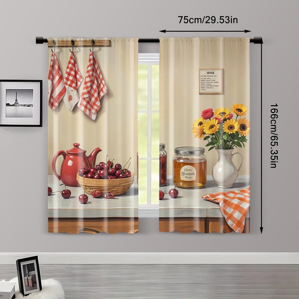 2pcs   Contemporary Curtains  print Kitchenware Painting Durable 100% Polyester Fabric (without rod) Versatile All Use for