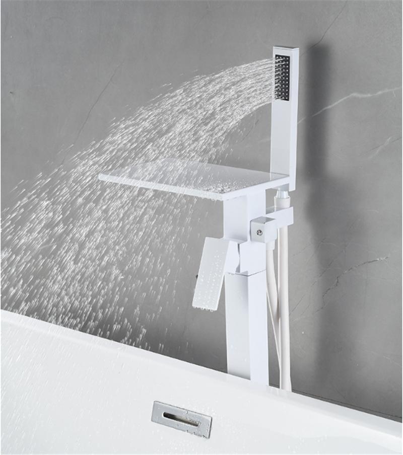 Tuqiu Black Bathroom Bathtub Faucet + Handheld Shower Free Standing Luxury White Waterfall BathTub Mixer Taps Floor Mounted