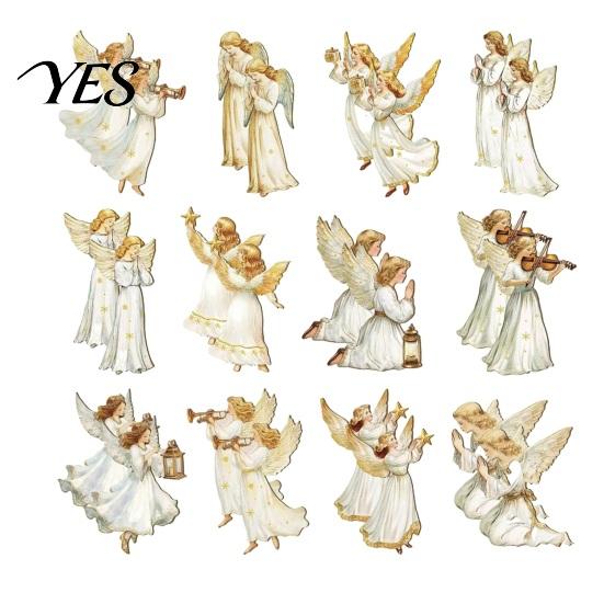 Wooden Angel Ornaments 24 Pcs Victorian Style Hanging Set, Golden Wings & White Dresses, Vintage Pendant Decorations Tree with Various Poses,