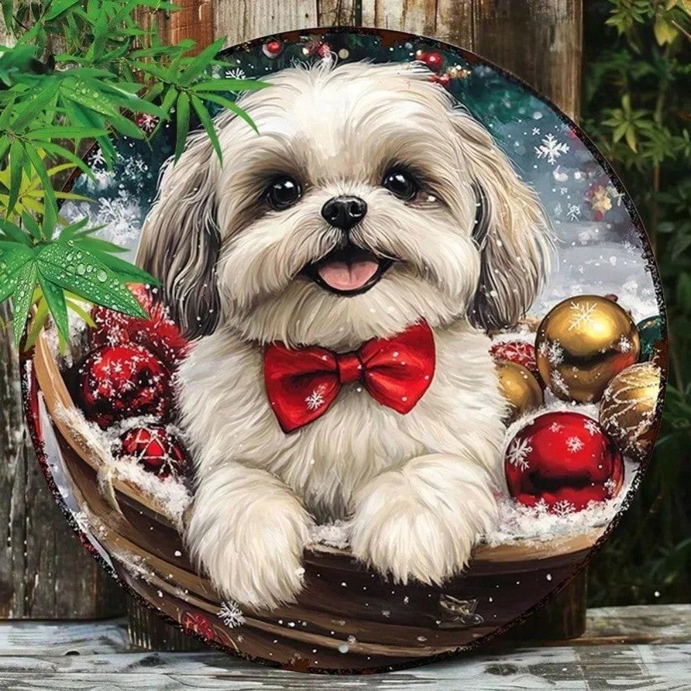 8" Round Metal Wall Decor Shiba Inu Dog Christmas Wreath Sign Holiday Festive Home Art